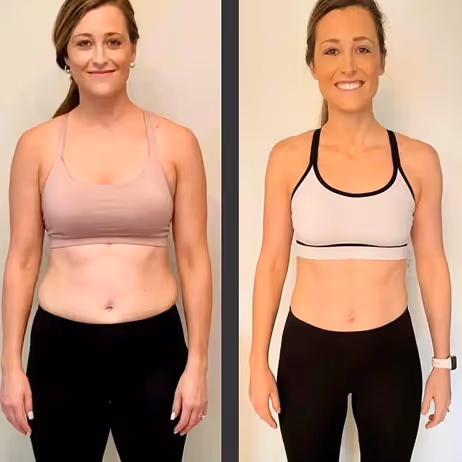 Side-by-side comparison of a woman before and after weight loss, wearing a sports bra and black leggings, smiling in both images.