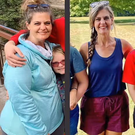 A woman shown in a side-by-side before and after comparison wearing glasses on her head, smiling with children beside her outdoors.