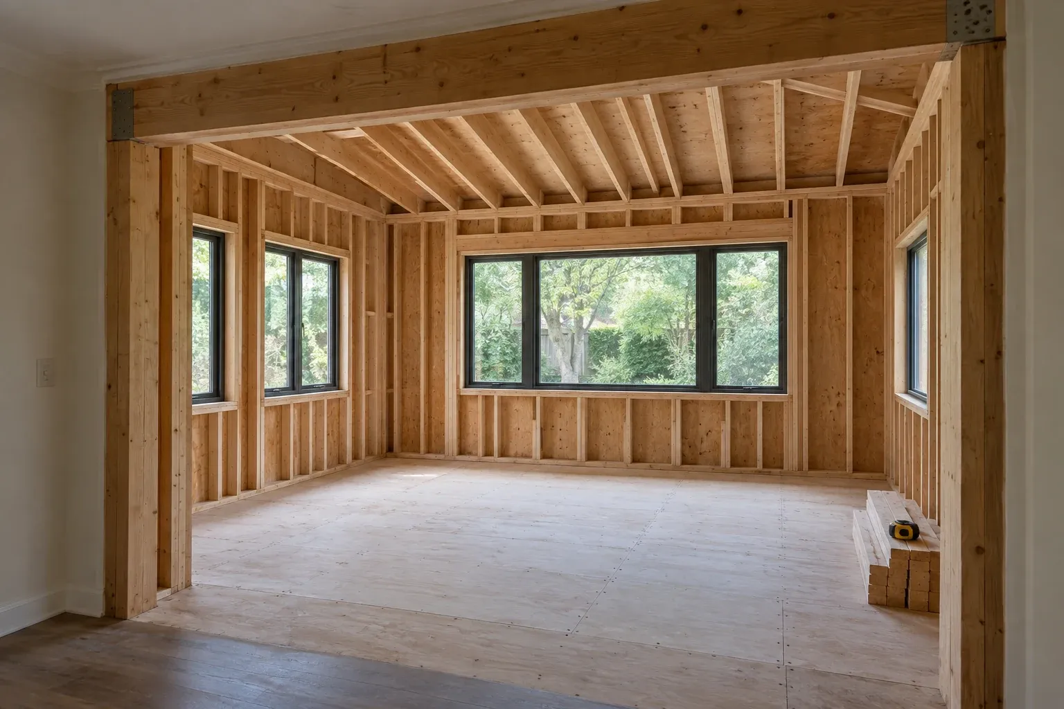 Illustrative home addition with exposed wood framing and new windows connected to an existing room