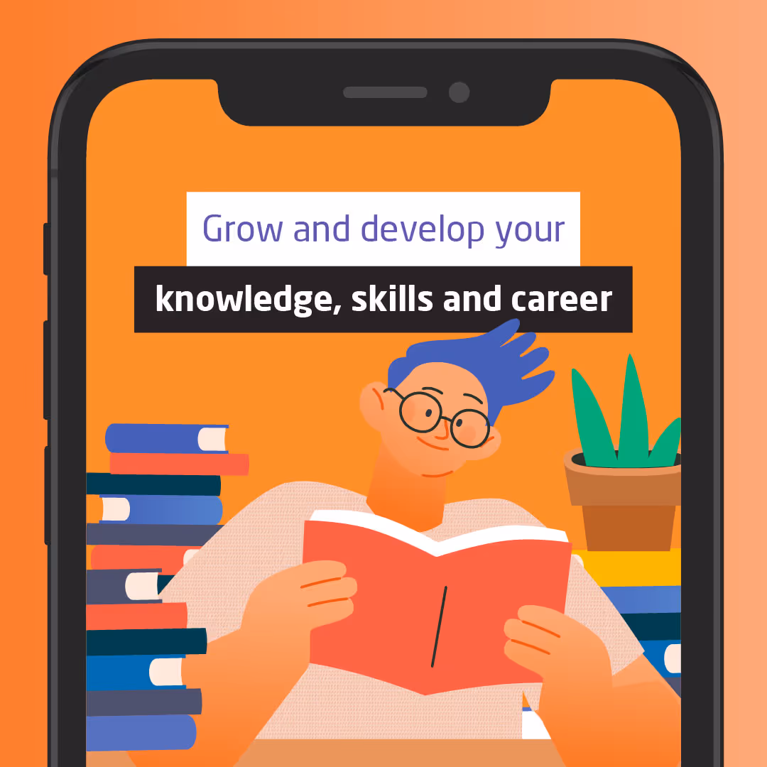 A character surrounded by books developing their knowledge, skills and career