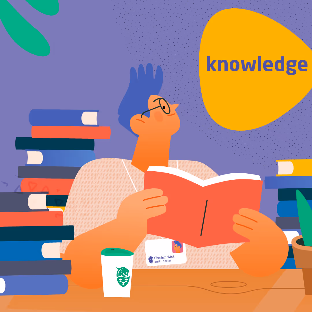 A character from the animation reading a book developing their knowledge, skills and career