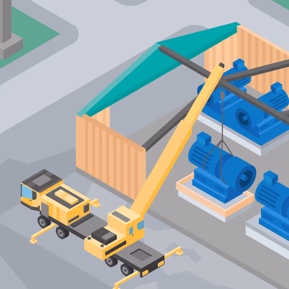 An isometric illustration of a crane lifting heavy plant machinery into a factory