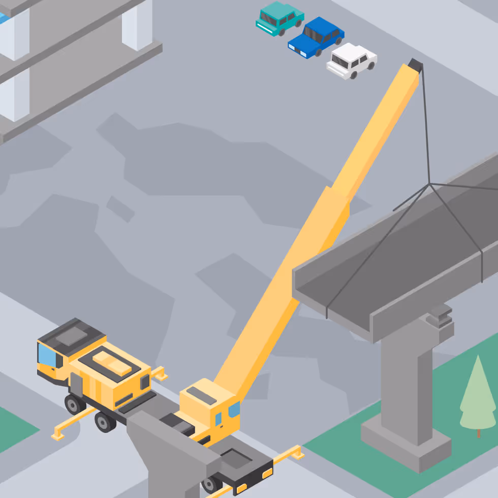 An isometric illustration showing a section of bridge being lowered onto a pre-cast bridge bearing