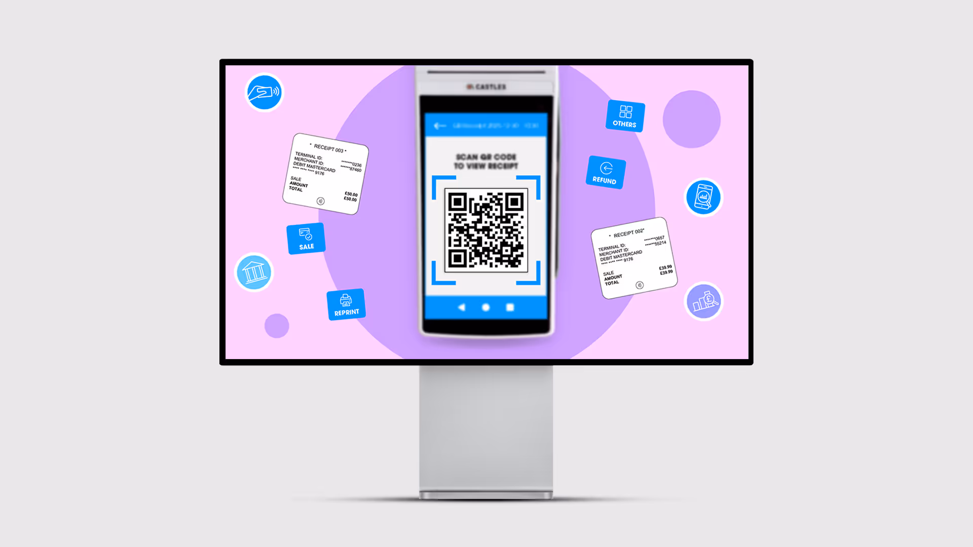Motion graphics highlighting the QR code and digital receipt feature