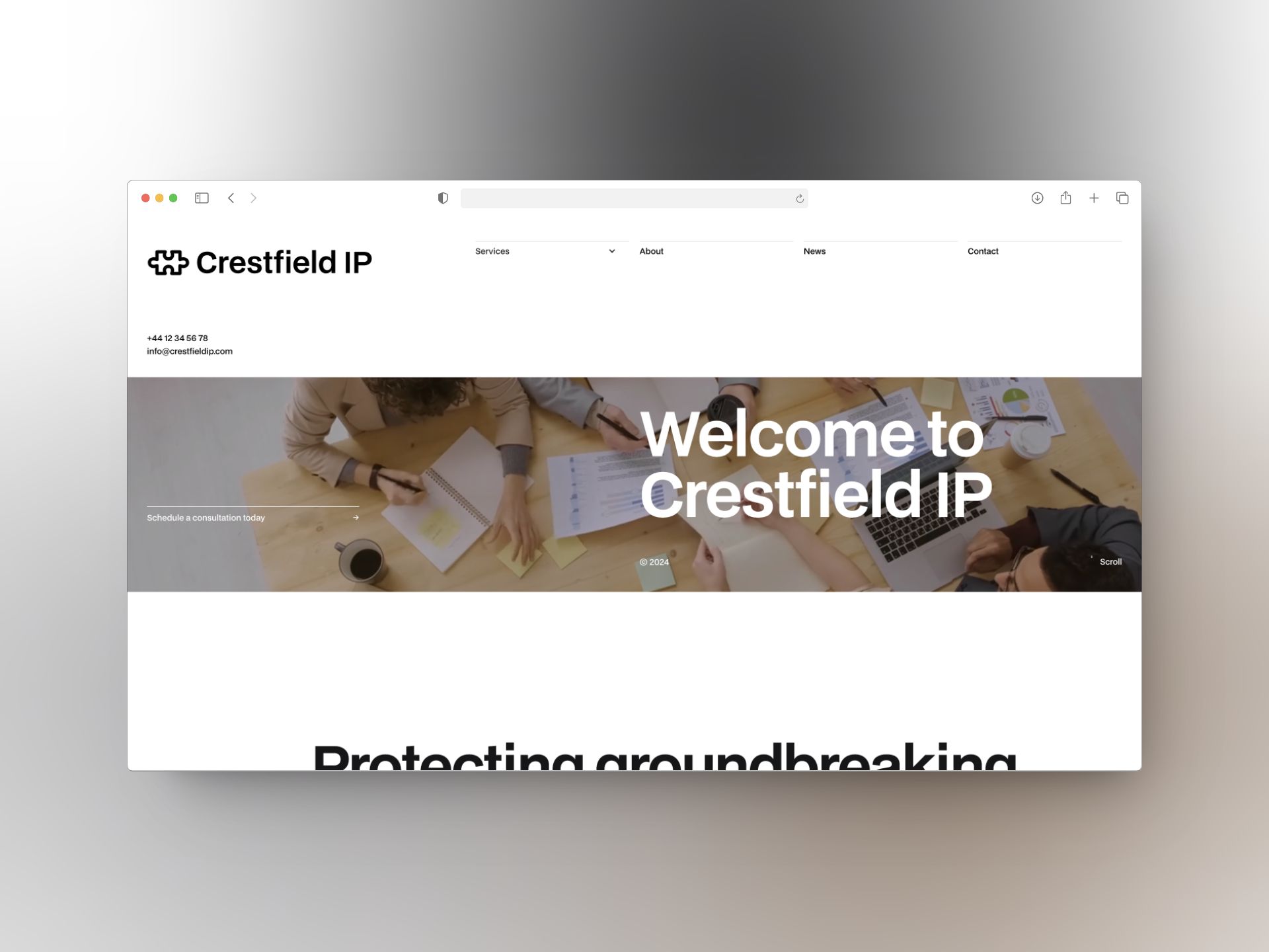 A mockup of the Crestfield IP homepage
