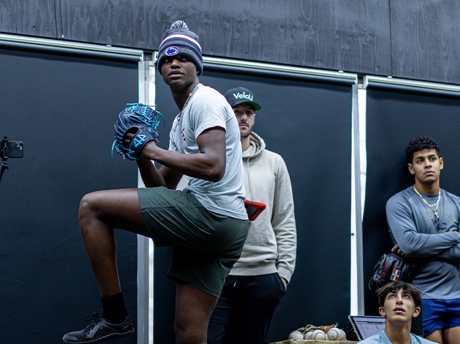 A baseball pitcher winding up to throw the ball in a practice cage