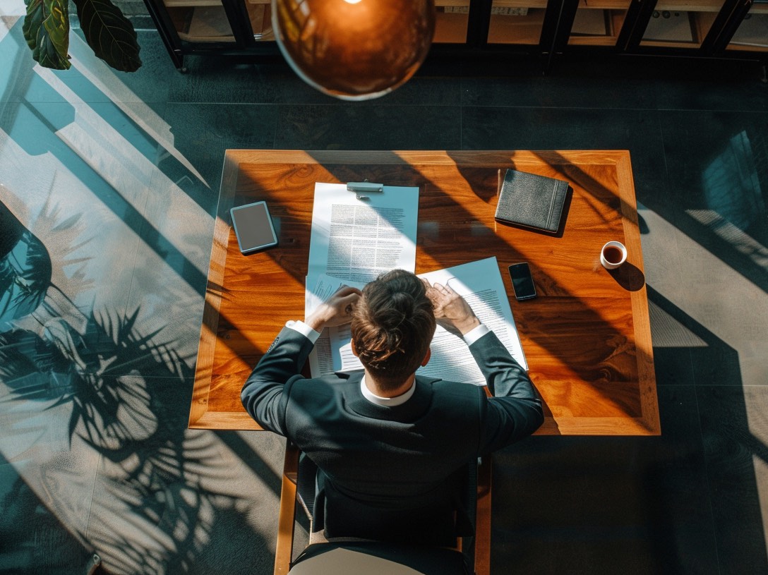 A lawyer hunched over his desk reviewing important legal documents