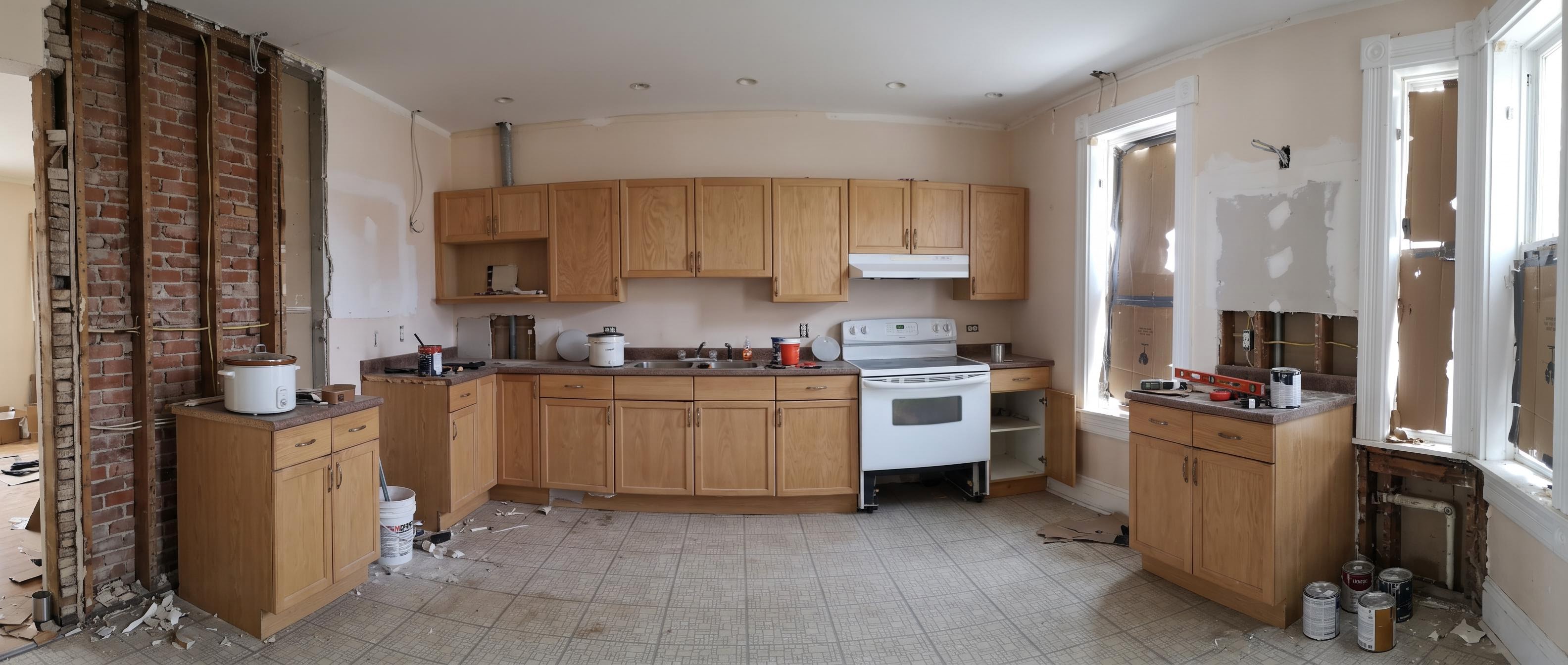 Panoramic 360° view of a kitchen mid-renovation with cabinets, exposed brick, and drywall repairs