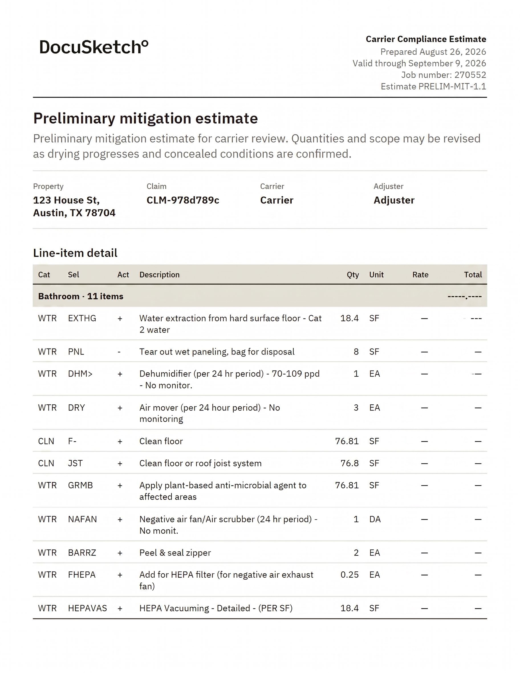 Preliminary mitigation estimate prepared for carrier review, showing itemised scope by room