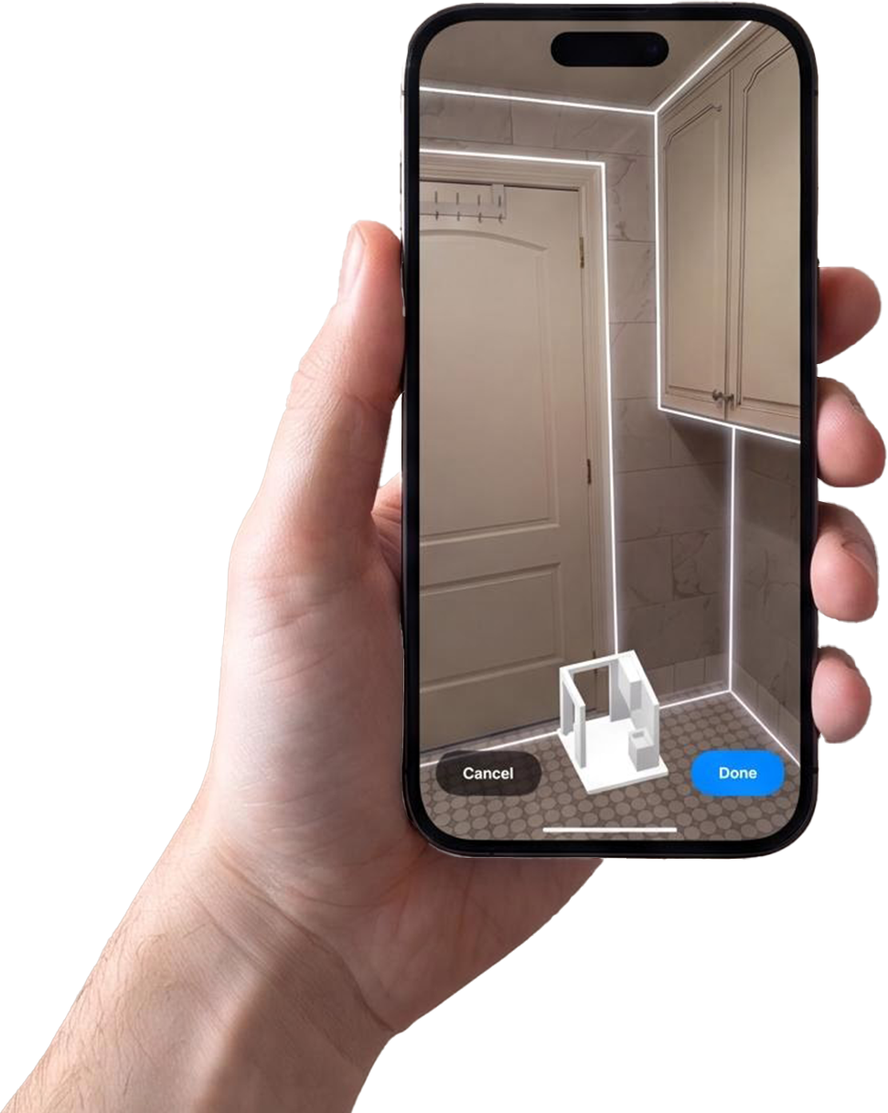 Phone capturing a bathroom on site, with room edges detected and a 3D floor plan forming