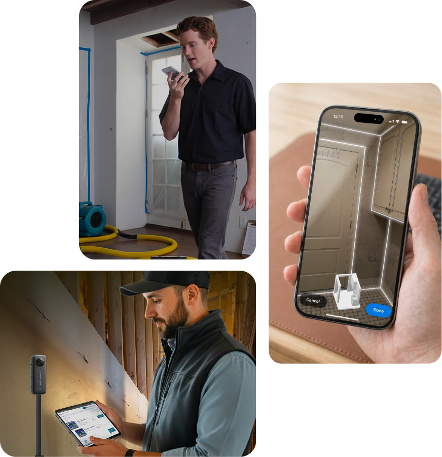 Restoration technicians on site: speaking a scope into a phone, reviewing a job on a tablet, and capturing a room as a 3D floor plan
