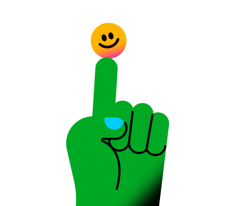 Illustration of a green hand pointing up and a smiley face resting on the finger