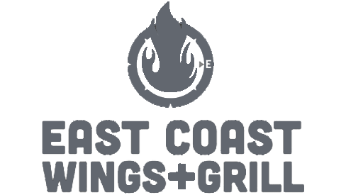 East Coast Wings + Grill logo featuring a flame with a smiley face above the text.