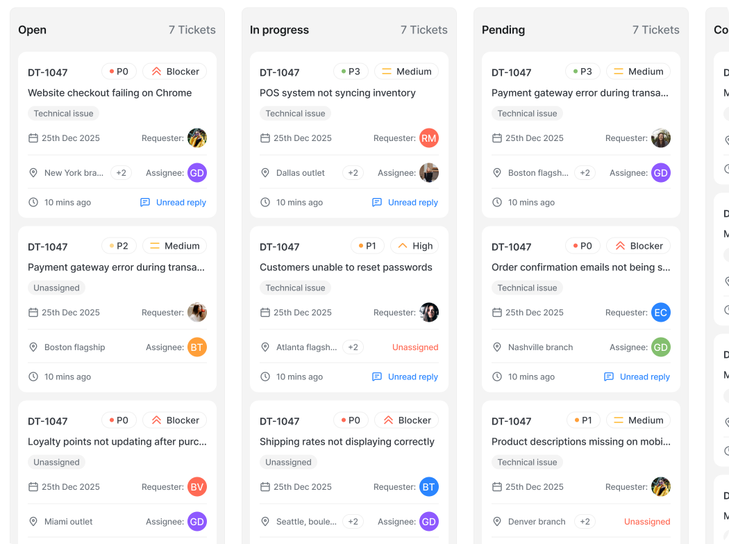 Delightree Support Tickets kanban board view of open tickets