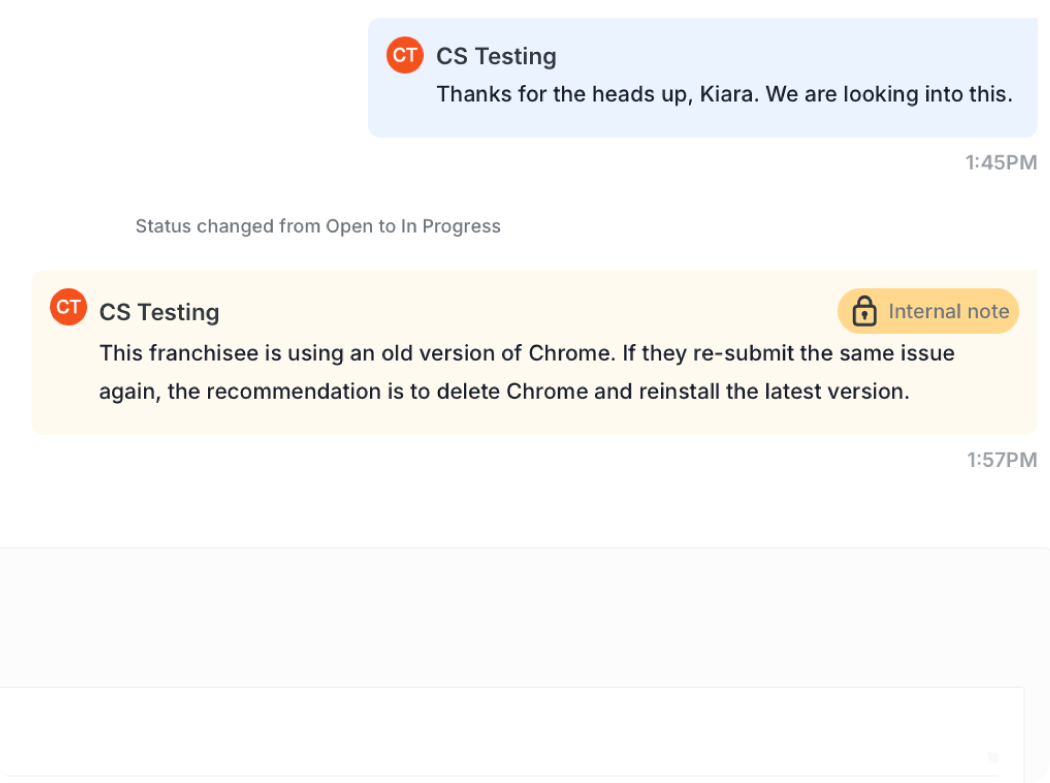 Delightree Support Tickets internal notes that only HQ teams can see