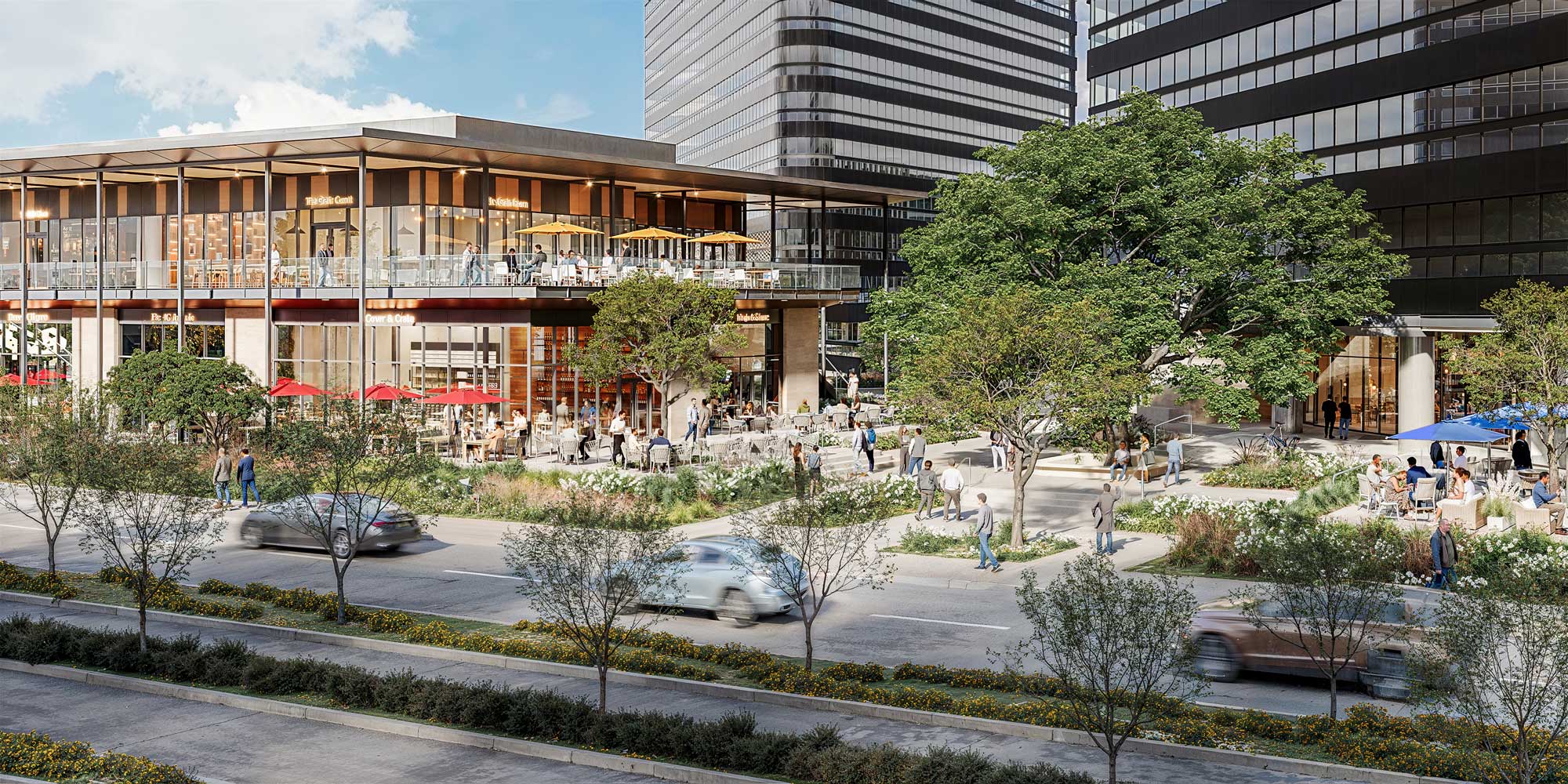 Urban plaza with outdoor dining, trees, people walking, and modern glass-walled buildings in the background.