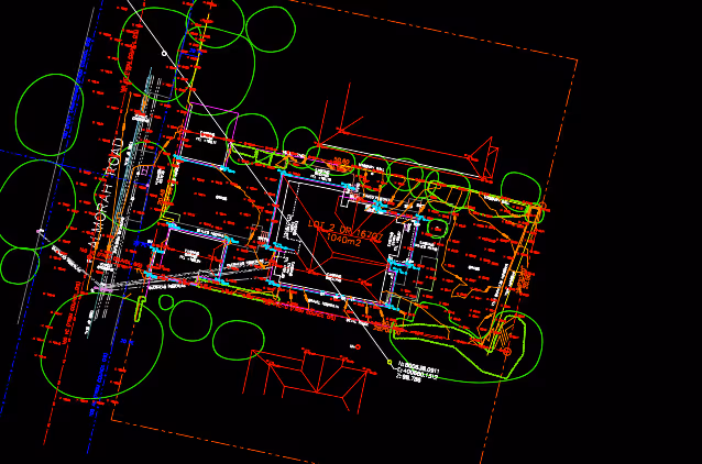 CAD Survey plan - Colored architectural site plan showing building layout, lot boundaries, measurements, and vegetation markers on a black background.