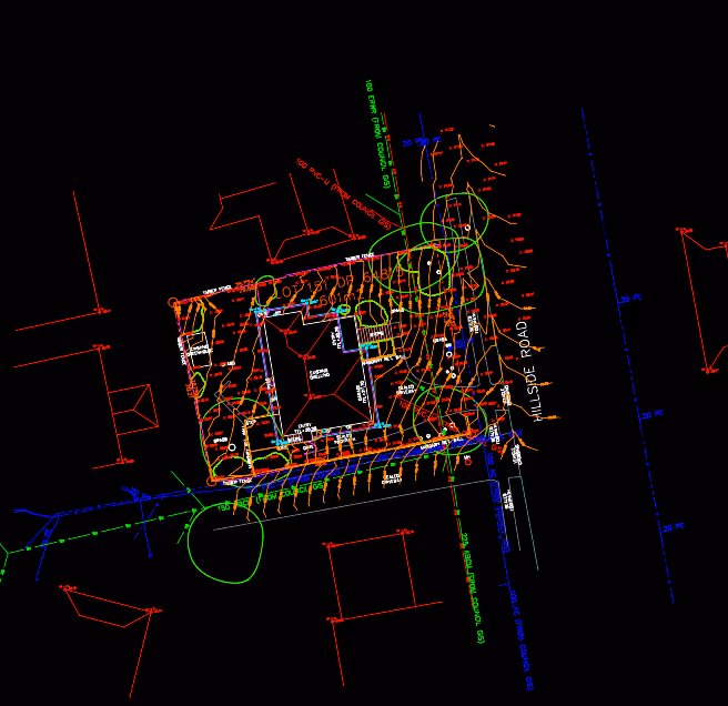 CAD Survey plan - Detailed site plan showing building layout, topography, and utility lines with annotations on Hillside Road.