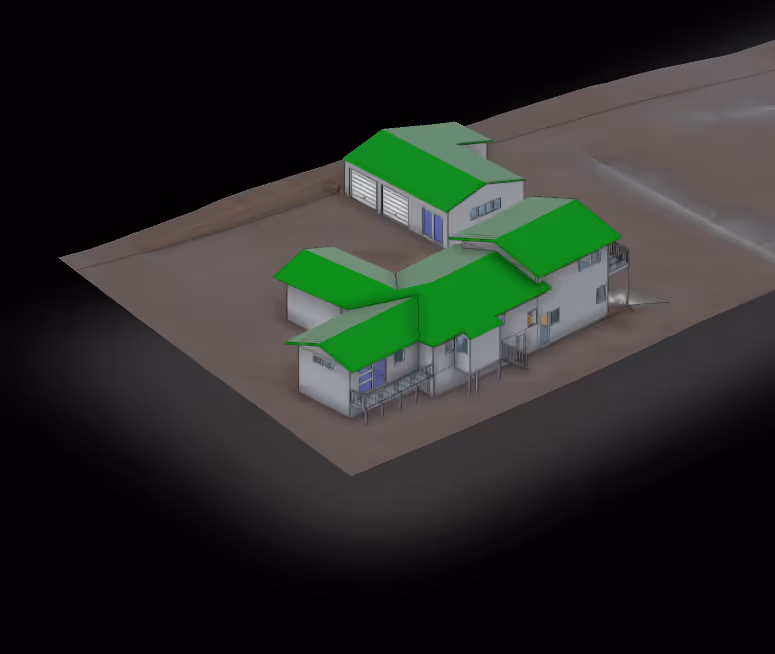 3D model of a modern two-building property with green roofs and grey walls on a brown base.