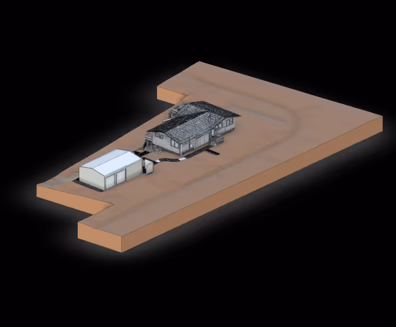 3D model of a property showing a main building with a shingled roof, a detached garage, and a curved driveway on a rectangular plot of land.