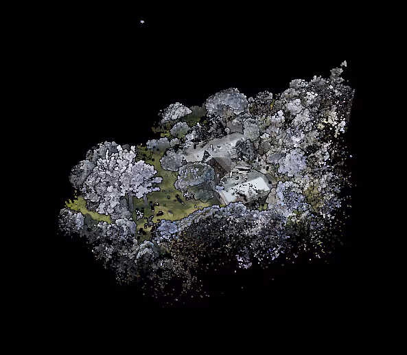 Top-down 3D scan of a house surrounded by trees and a grass lawn.