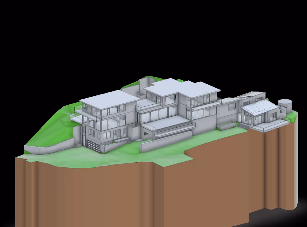 3D architectural model of a modern multi-level house situated on a green hillside with exposed soil layers.
