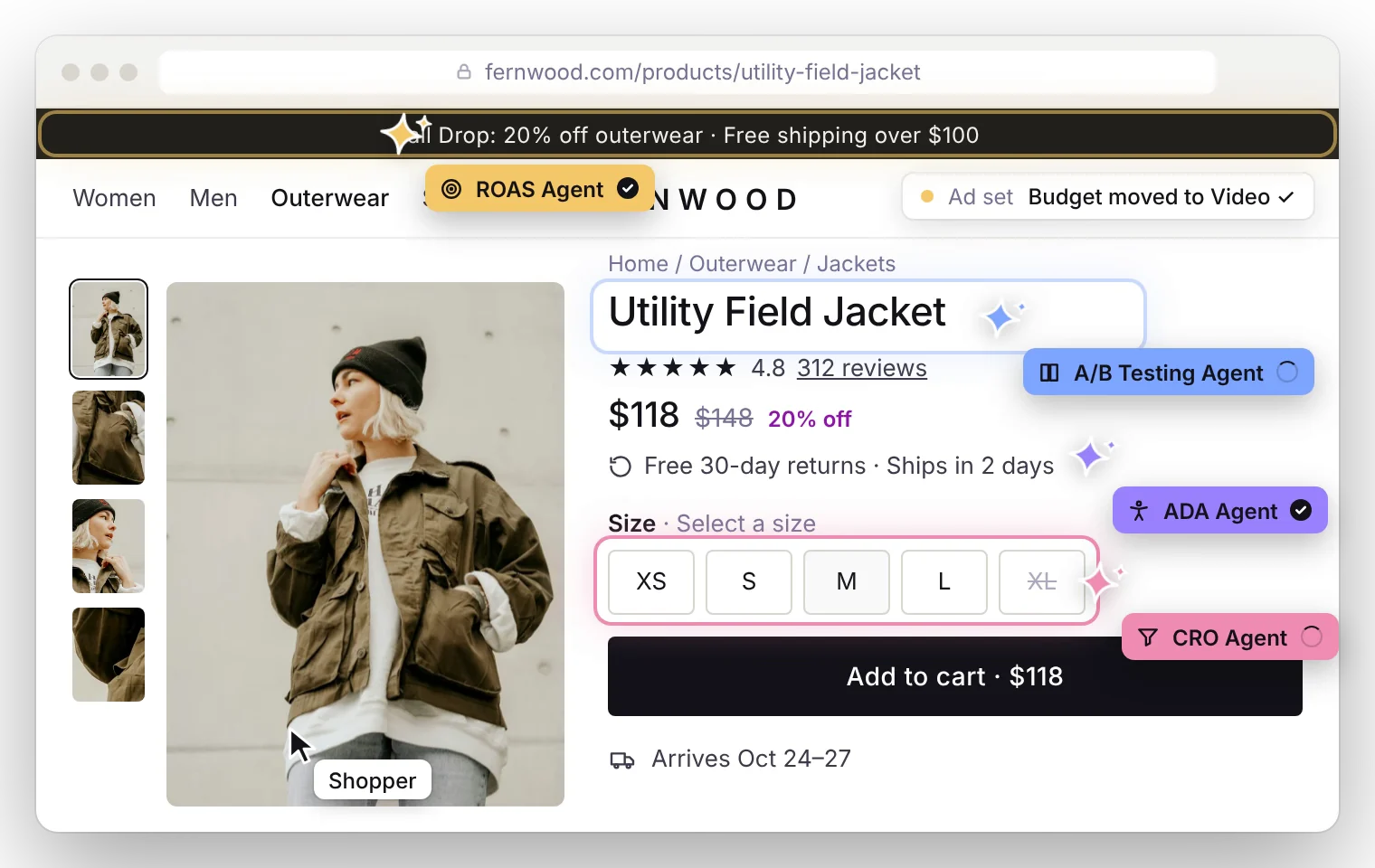 Noibu's AI agents (ROAS, A/B Testing, ADA, CRO, Performance and Bug Resolution) working on an ecommerce product page