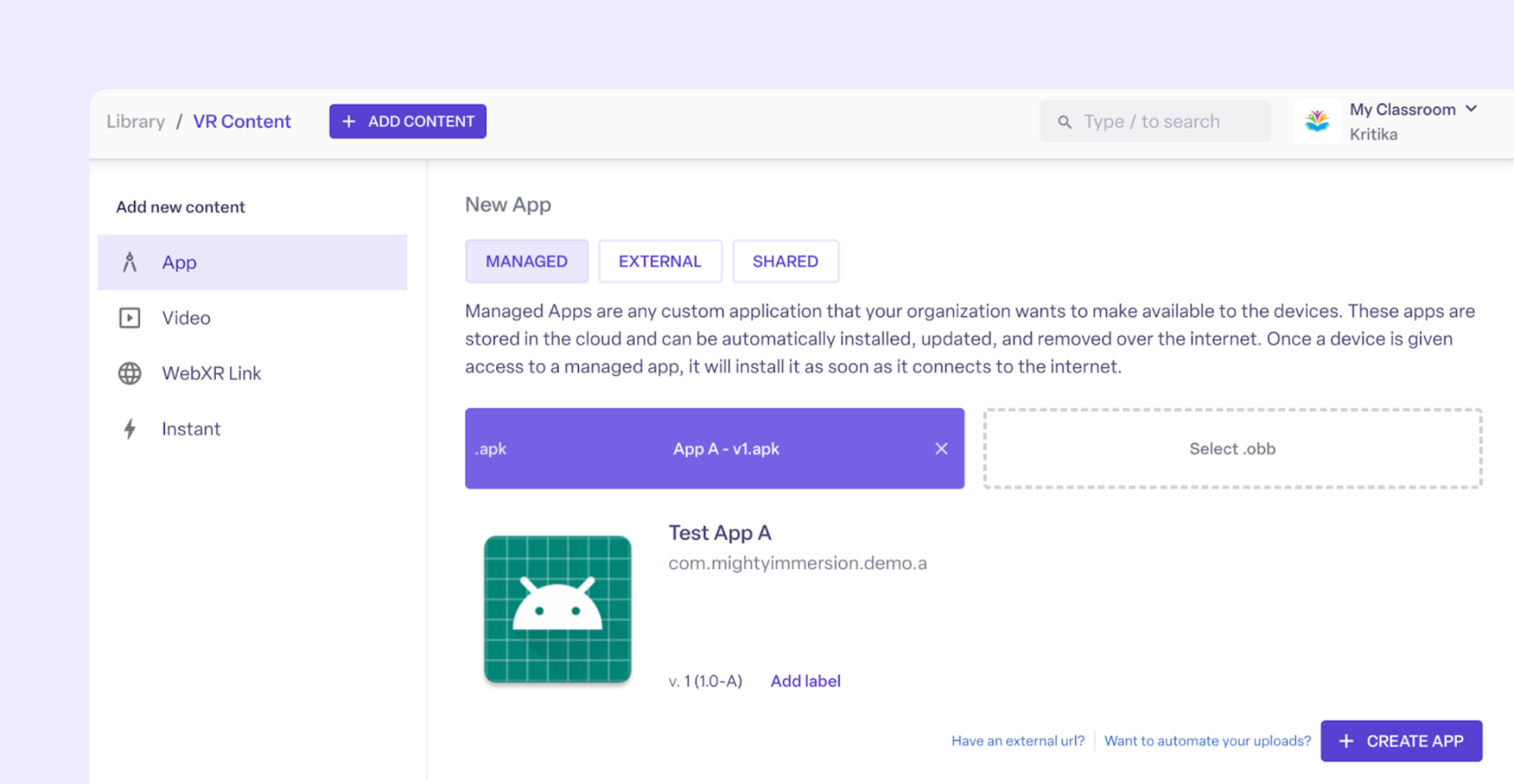 Upload apps to ManageXR.