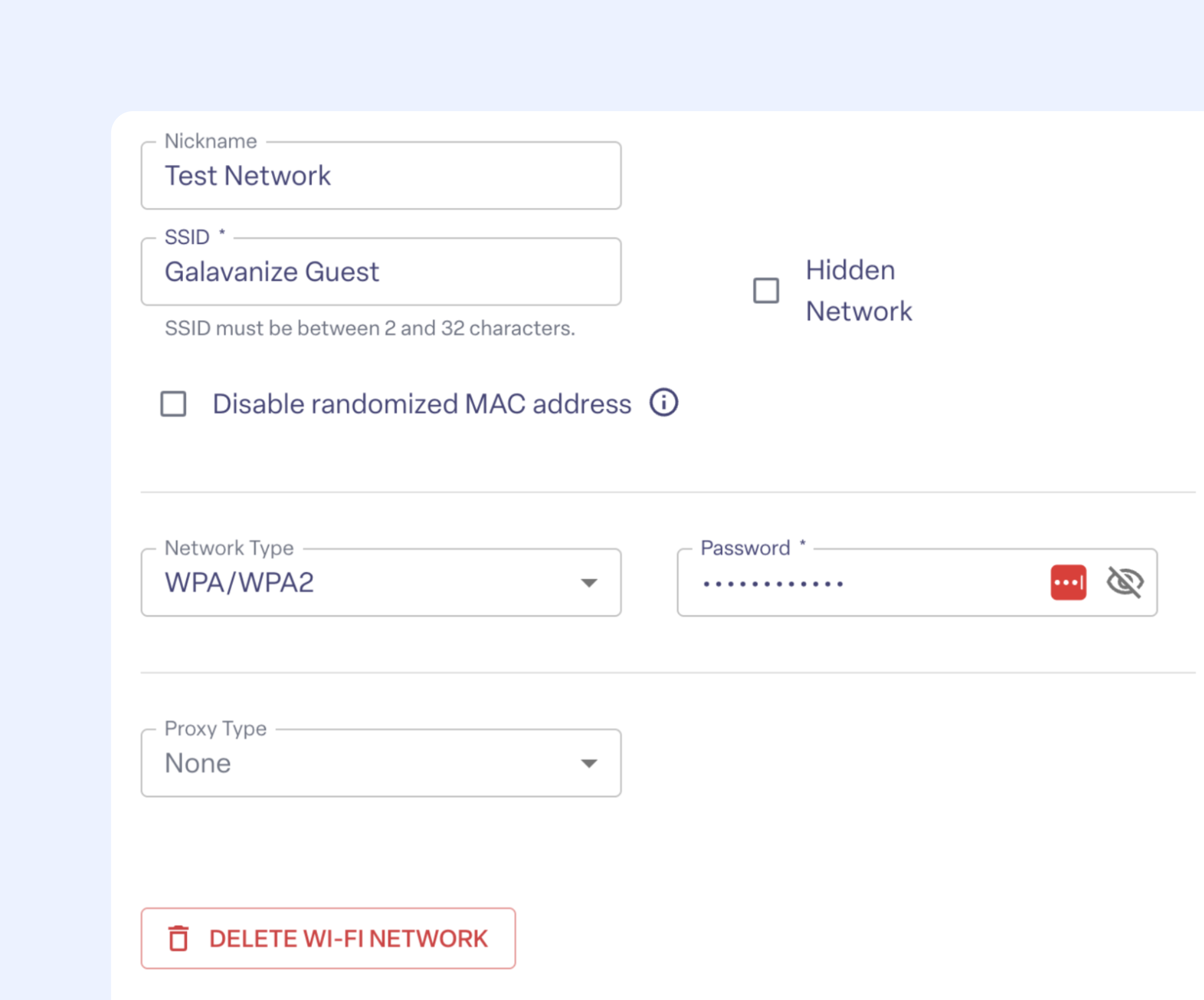 Enter Wi-Fi credentials on ManageXR to connect devices to approved networks automatically.