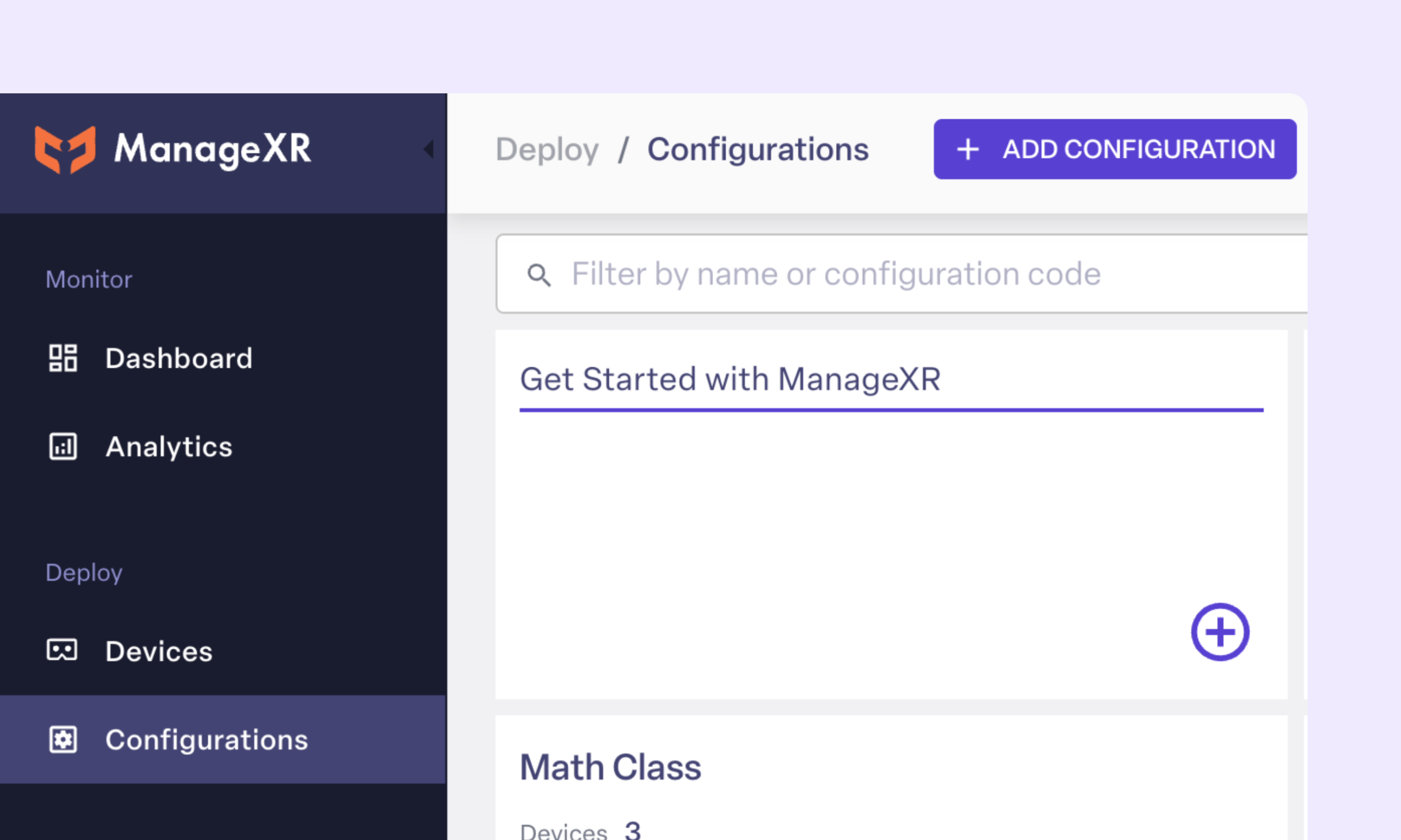 Create a new configuration on ManageXR to bundle content and settings.