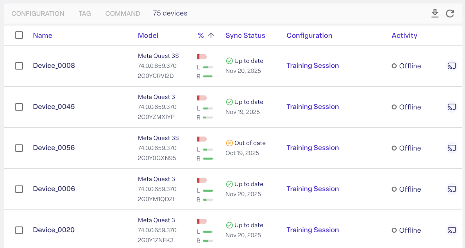 The ManageXR console allows you to sort devices by battery status.