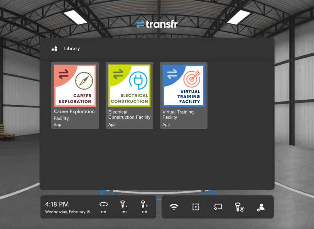 A VR home screen with Transr's applications displayed.