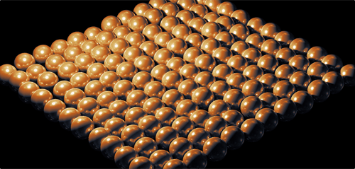 Close-up of a square grid of shiny metallic spheres with alternating light and dark reflections on a black background.