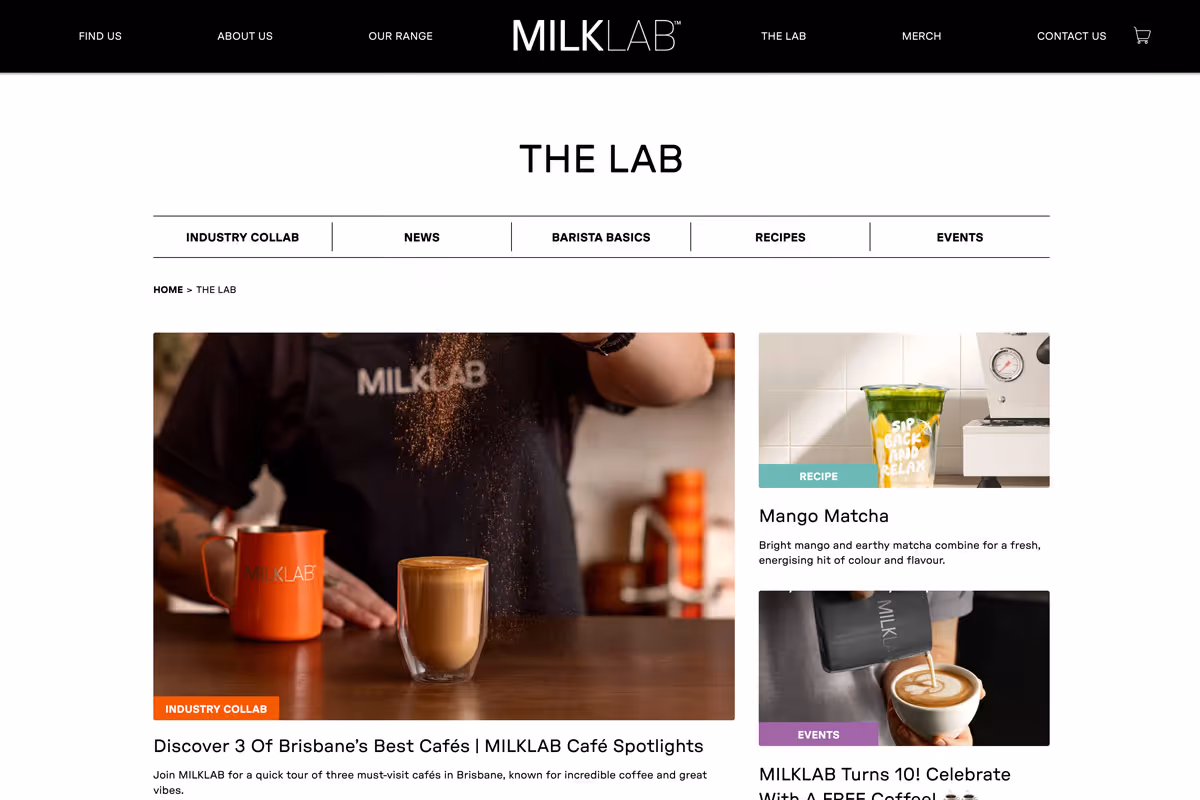 MILKLAB website section titled The Lab showing latte art and articles about mango matcha and MILKLAB 10th anniversary.