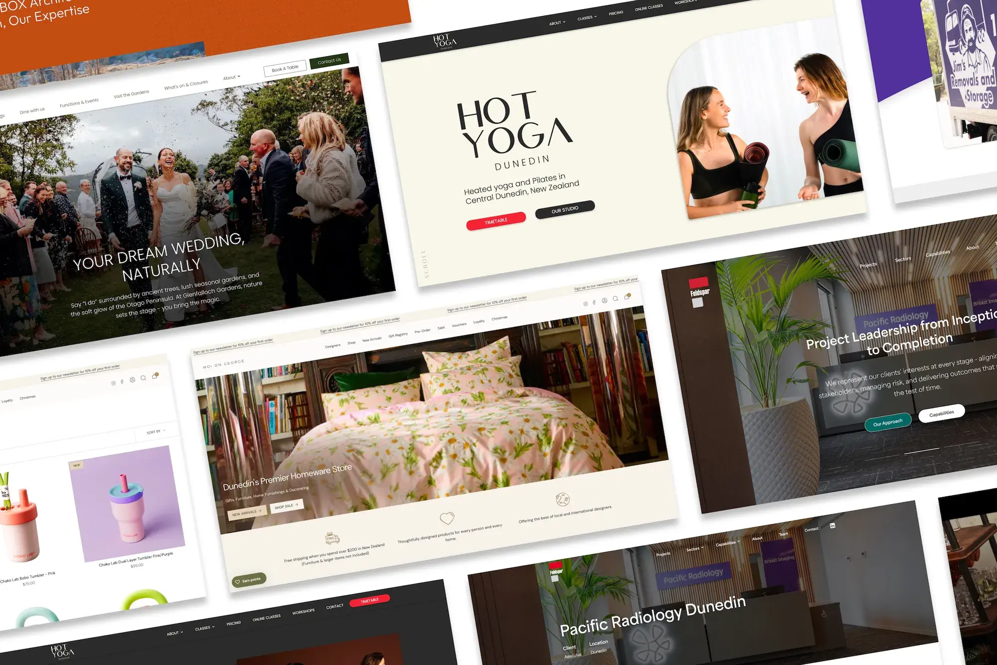 Collage of website homepage screenshots featuring wedding services, hot yoga studio, homeware store, and radiology project in Dunedin.