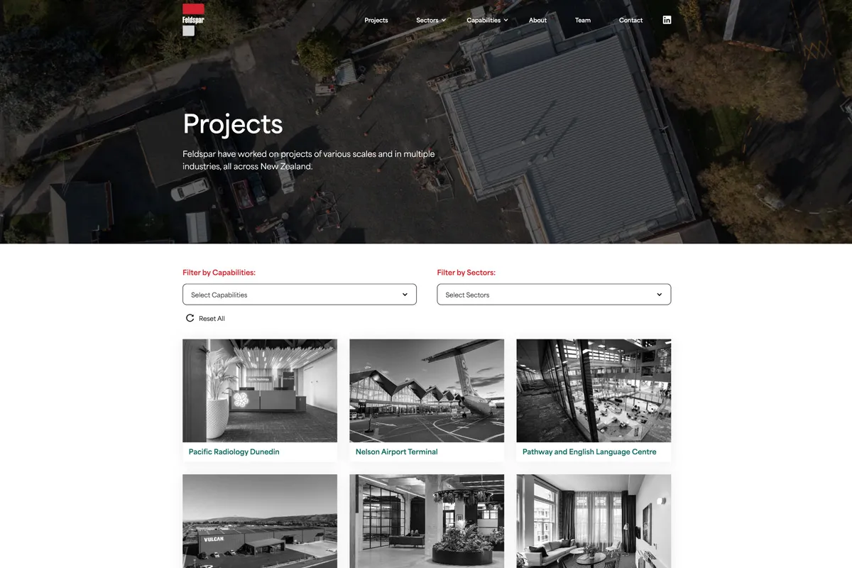 Website projects page with filters for capabilities and sectors showing black and white images of buildings including Pacific Radiology Dunedin, Nelson Airport Terminal, and Pathway and English Language Centre.