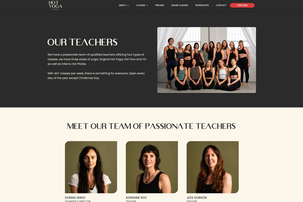 Group photo of 15 yoga teachers in athletic wear posing indoors, with additional portraits of three female teachers below.