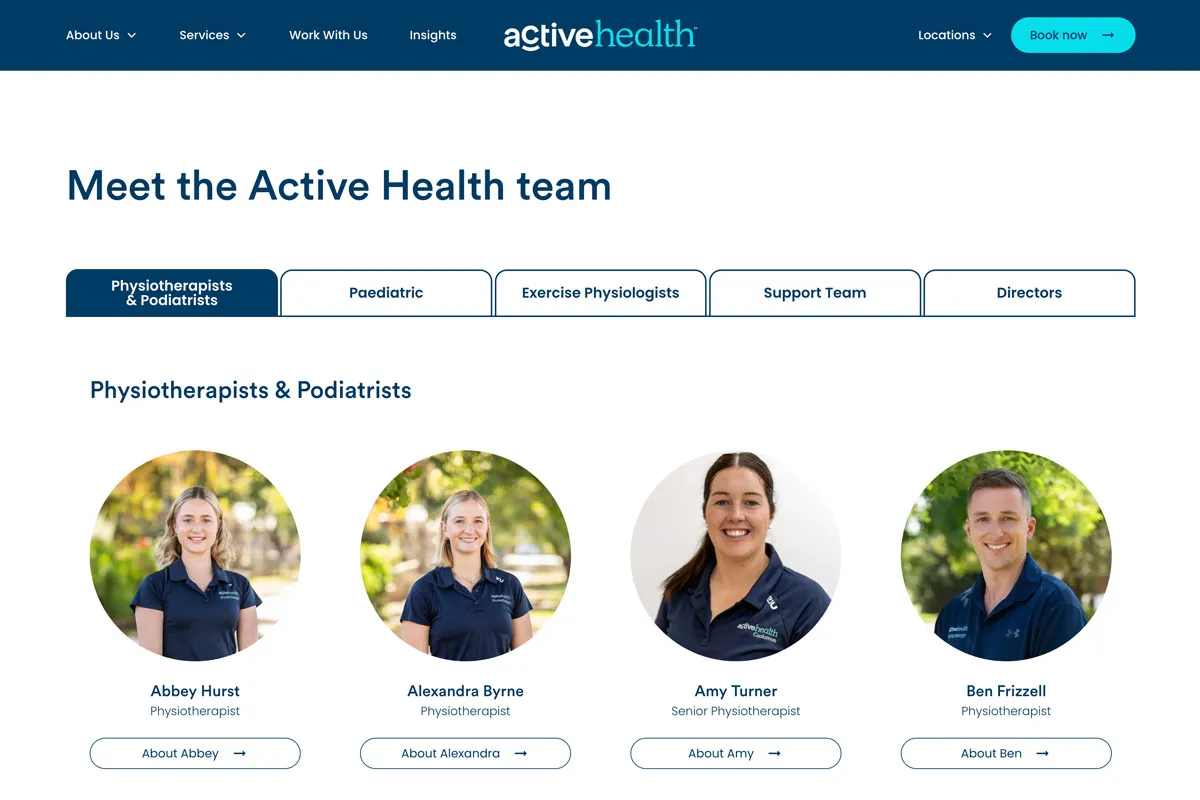 Headshots of four physiotherapists and podiatrists from Active Health: Abbey Hurst, Alexandra Byrne, Amy Turner, and Ben Frizzell, each wearing navy blue shirts.