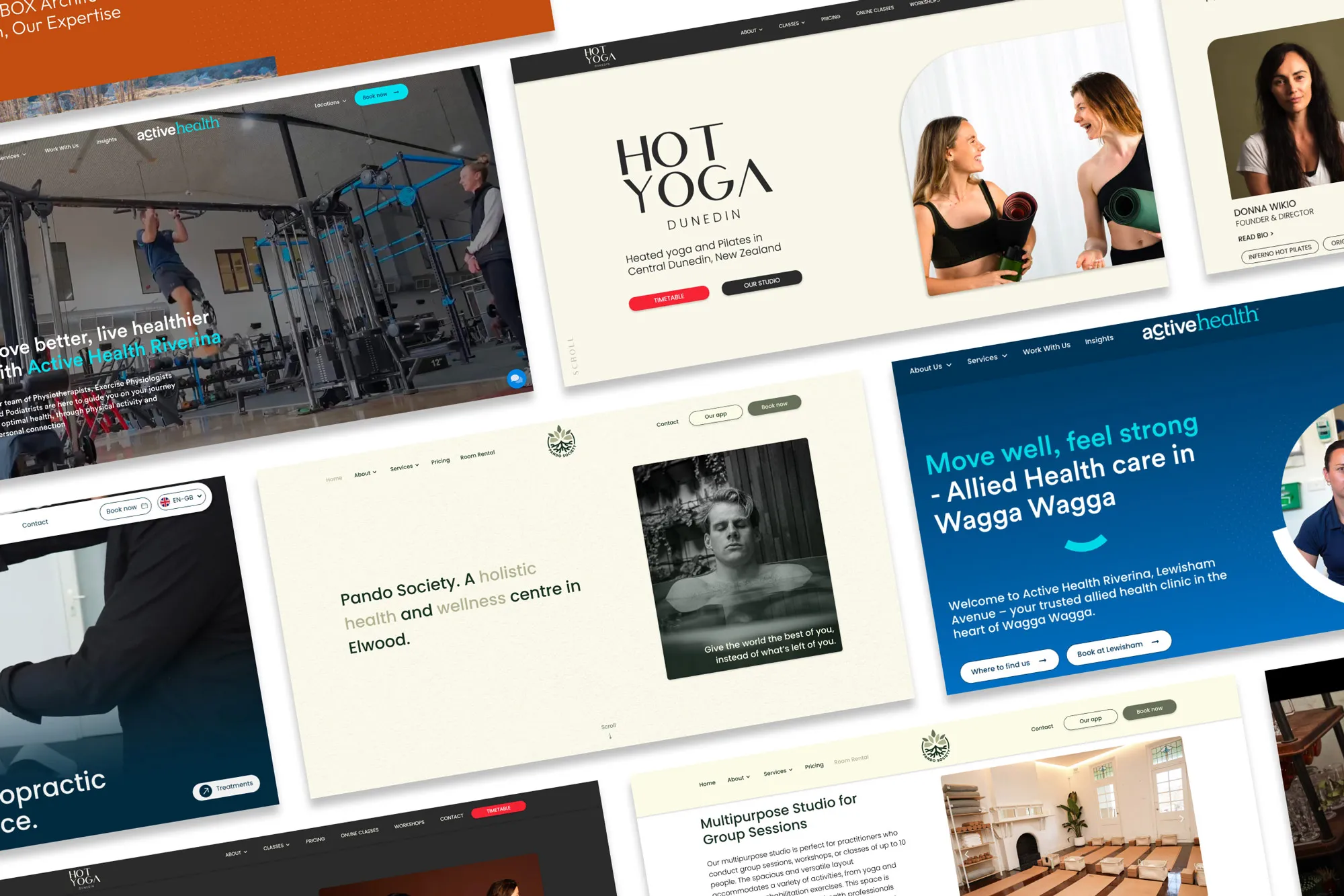 Collage of wellness and health website homepages including gym workout, yoga studio, allied health care, and holistic wellness center.