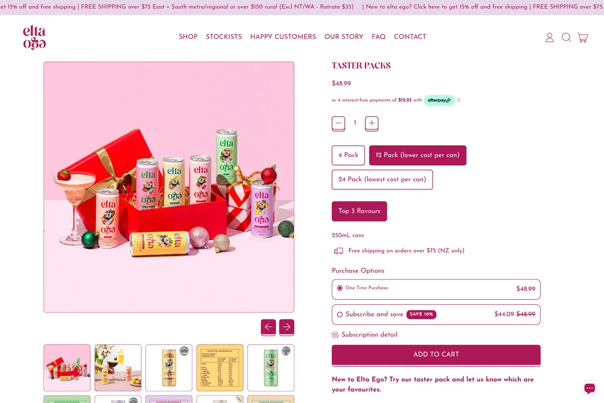 Elta ego taster pack featuring assorted 250mL colorful canned beverages displayed with holiday decorations and a cocktail glass, priced at $48.99.