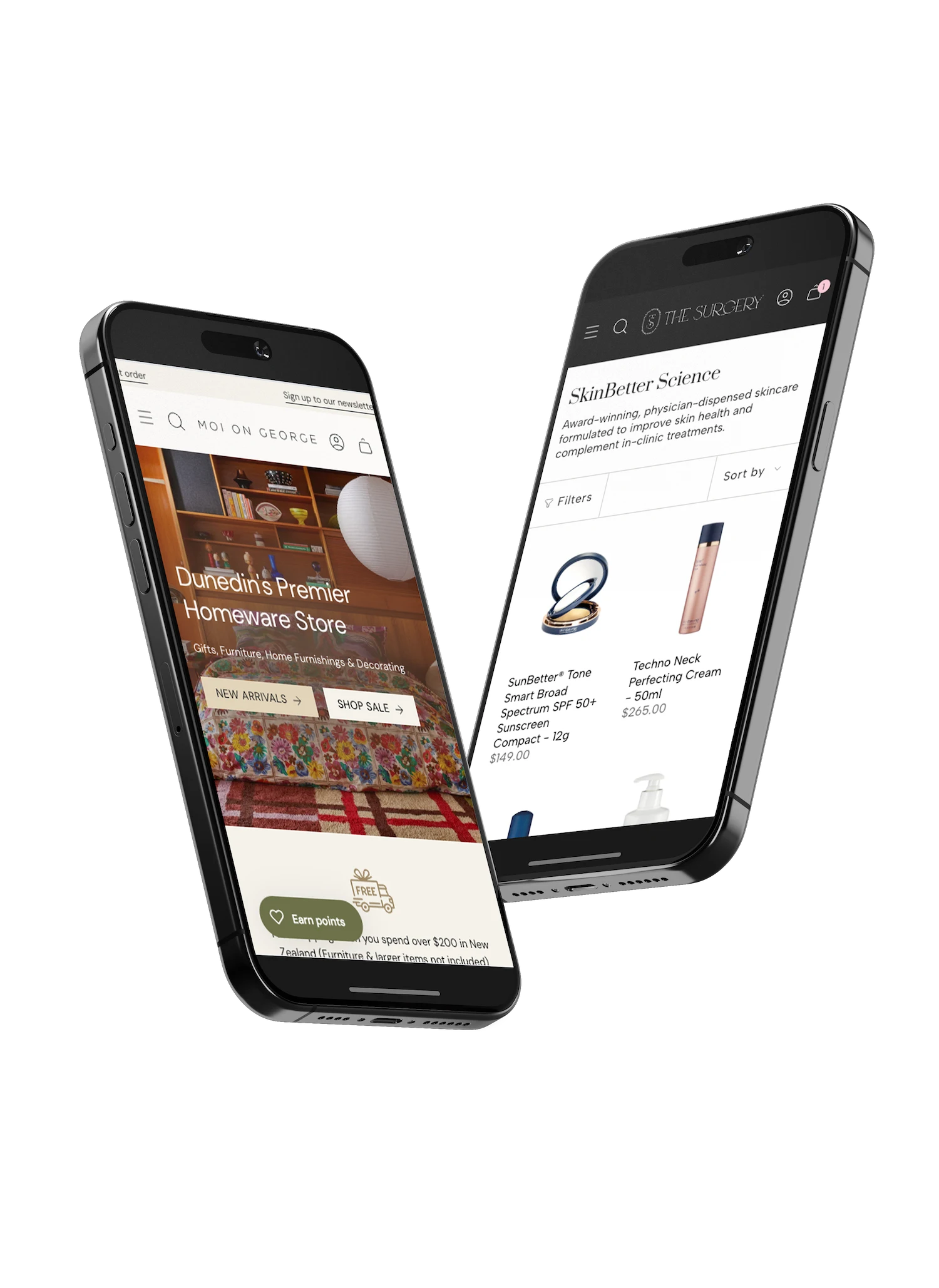 Two smartphones showing online stores: one for homeware, the other for skincare products.