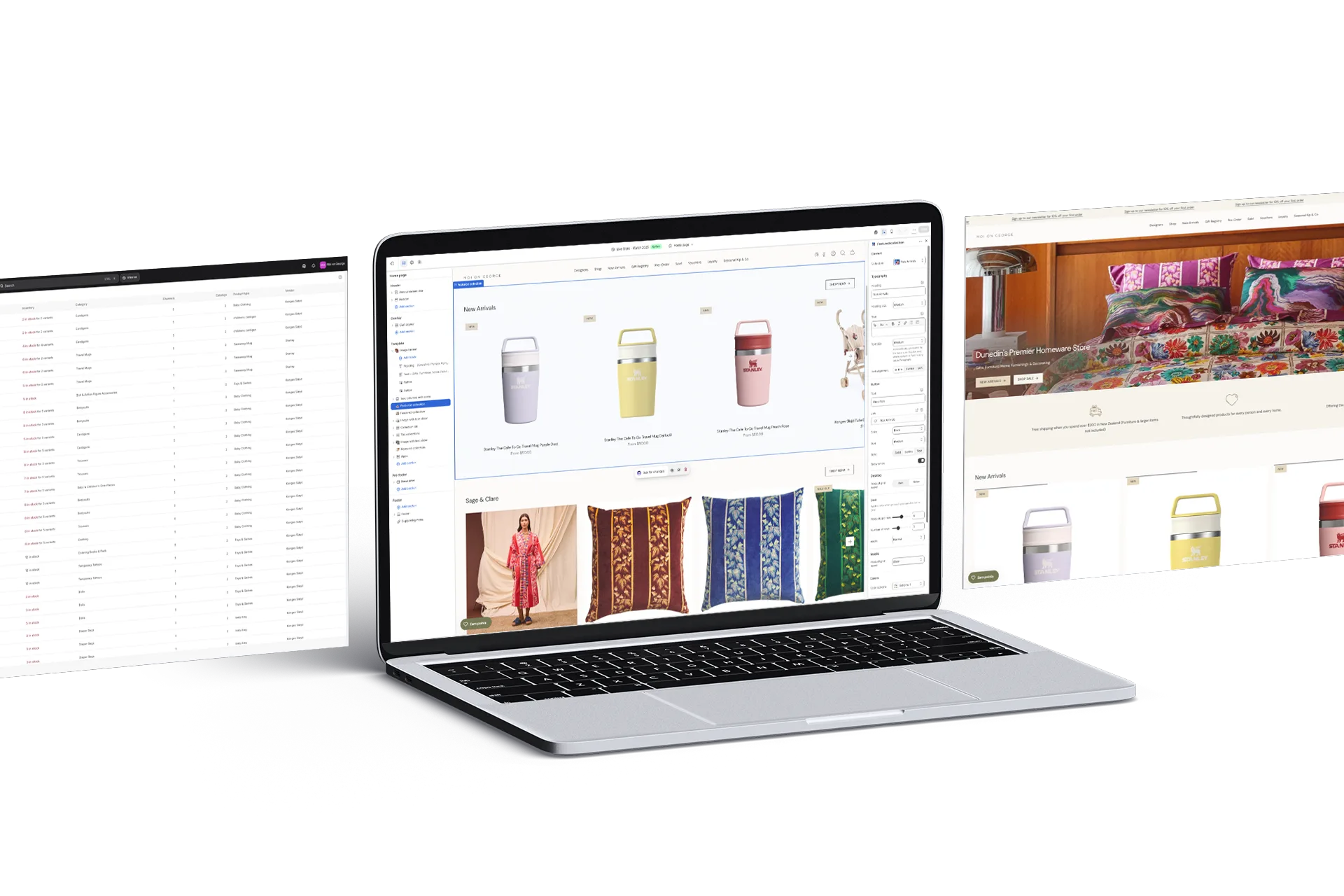 Laptop showing a website design interface with product images and editing tools, flanked by two additional screens.