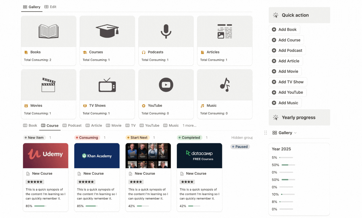 notion book reading tracker with tracking online learning courses podcast and articles