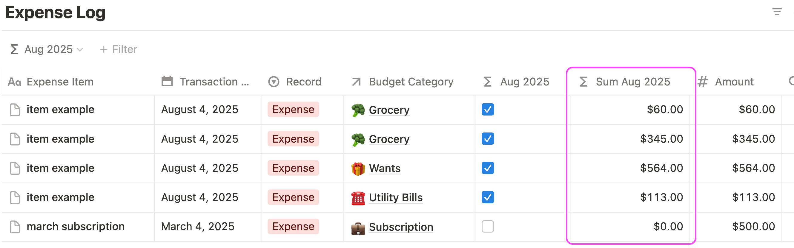 free notion finance formulas calculate expense by category