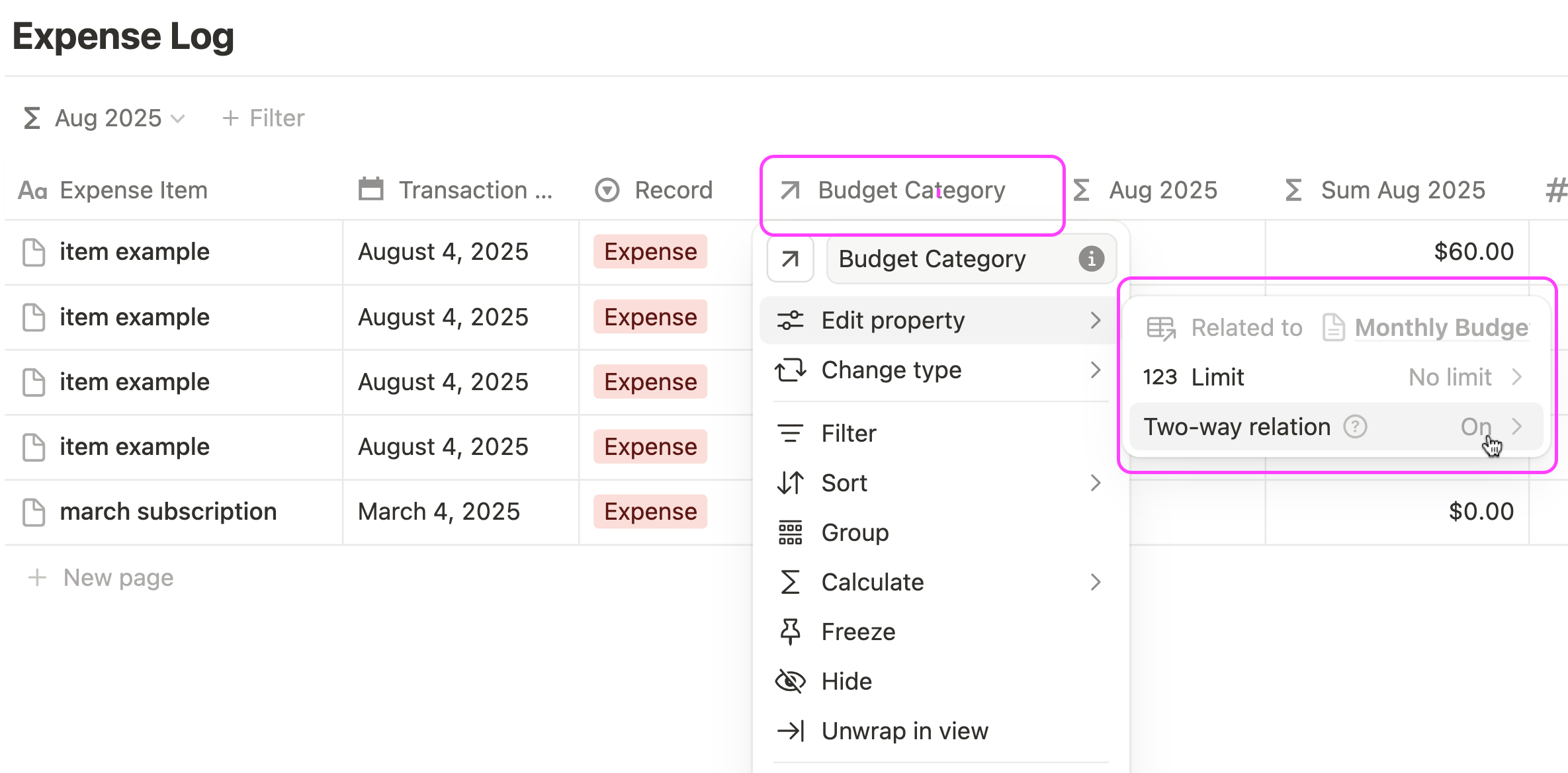 set up notion monthly budget planner template database
