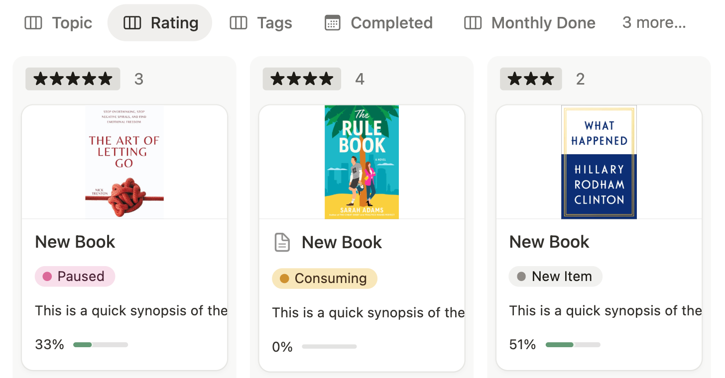 notion book reading template with book review filter system
