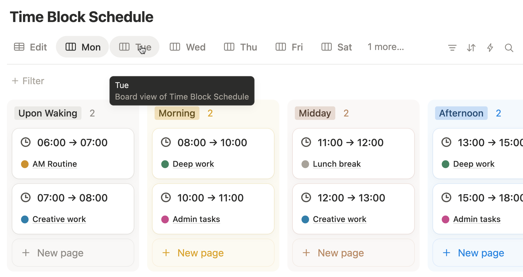 free notion time blocking templatewith board views and context based weekly timetable schedule