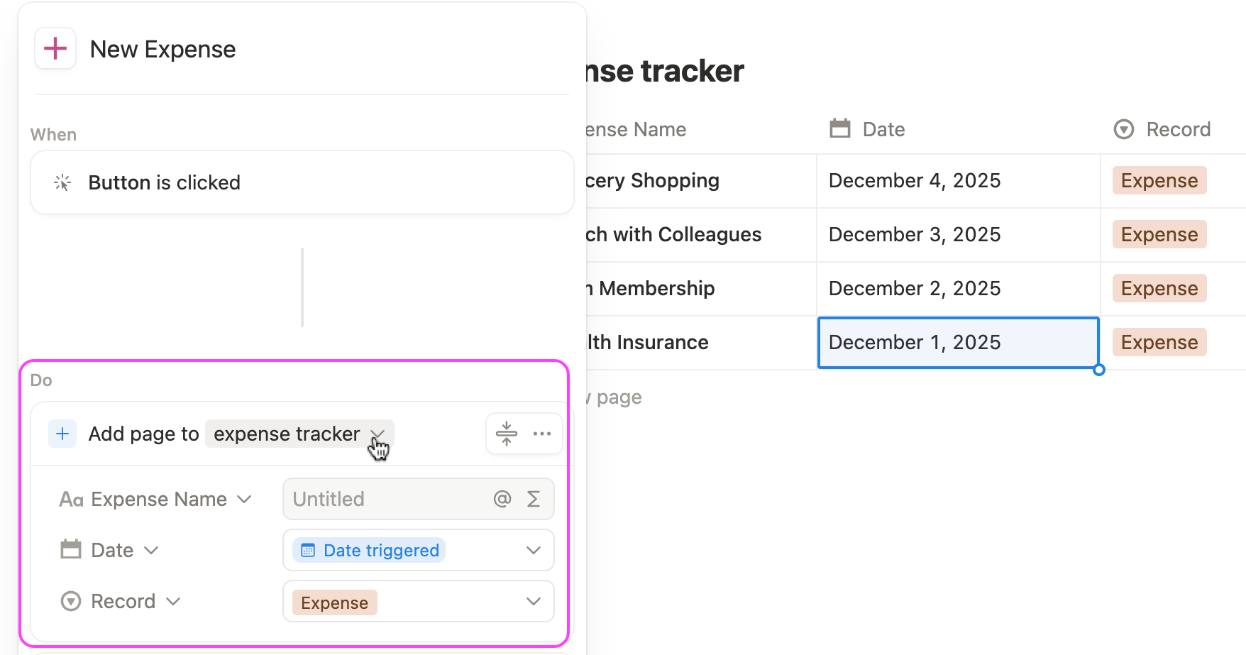how to add quick notion button to create new expense tracking entry automatically