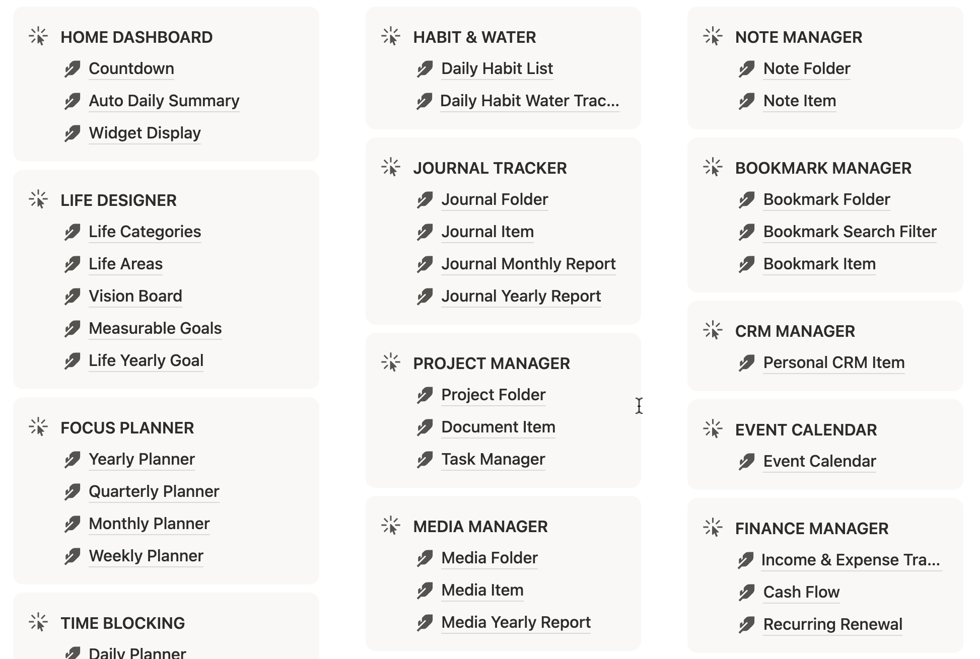 notion databases setup ideas for life planner