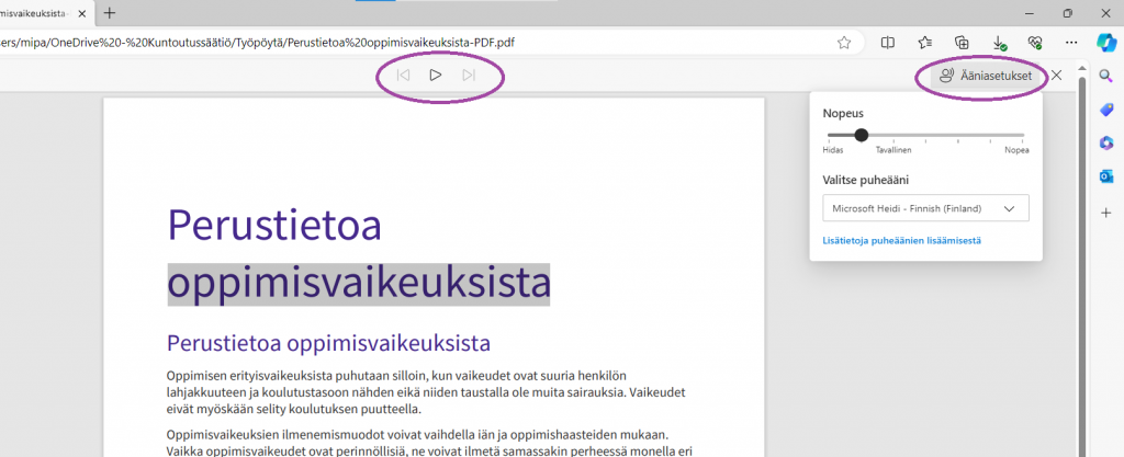 PDF-tiedoston ääneenluku ääniasetukset